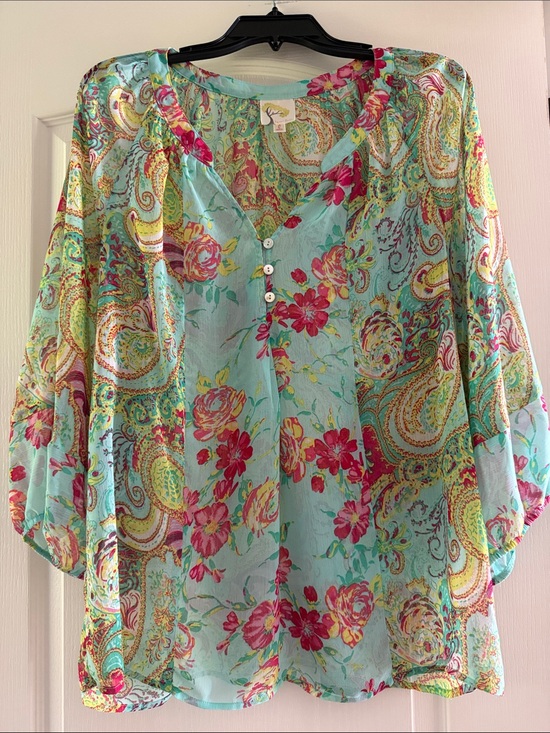fig and flower Tops - fig and flower Sheer Paisley Floral V-Neck Blouse in Aqua & Pink